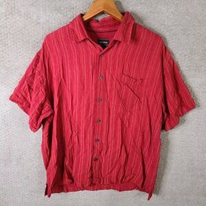 Neiman Marcus Shirt Mens XL Red Gold Striped Button Up Short Sleeve Silk Rayon